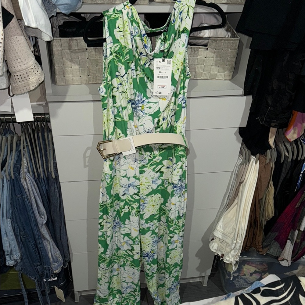 Zara Green and White Botanical Jumpsuit Wide-Leg